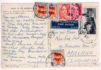 N°887 885 901 X3 905 PARIS SUR CARTE POSTALE PAR AVION POUR MALANG INDONESIE 1952