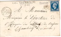 N° 14 PC 4244 TYPE 15 TANINGES 15 AOUT 1861 LETTRE OR SANS TEXTE