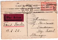 N°145 PARIS 1926 SUR CARTE POSTALE PAR AVION POUR CASSEL ALLEMAGNE  VIGNETTE AU DOS