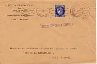 N°375 SEUL LETTRE ENTETE LEGION FRANCAISE VICHY ALLIER 1941 EXPRES AU TARIF