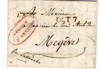 MARQUE ANNECY LETTRE HAUTE SAVOIE + FRANCHISE ROUGE R POSTE VESOVO D'ANNECY 1831 POUR MEGEVE