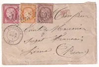 AFFRANCHISSEMENT MIXTE FRANCE PEROU N°38 54 57 GC 1459 EYGUIERES BOUCHES DU RHONE AU RECTO TIMBRE PEROU 10C CAD LIMA 1875