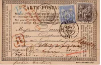 SAGE 15C+25C CARTE PRECURSEUR REC ROUEN 1877 ALLINGES PRES EVIAN HAUTE SAVOIE RETOUR 3949