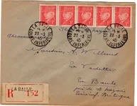 PETAIN 1FR BANDE DE 5 LETTRE REC LA BAULE 23.3.1943 ILOT ST NAZAIRE POCHE