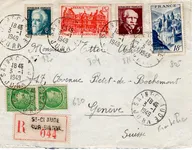 MAZELIN + N°820+804+821+805 LETTRE REC SAINT CLAUDE JURA 1949 GENEVE FRONTALIER