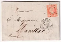 N°23 PARIS ETOILE PLEINE CACHET TAXE 30C PARIS PL DE LA BOURSE POUR AURILLAC CANTAL 1863 ERREUR
