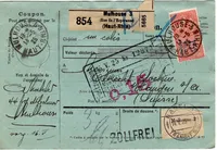 COLIS POSTAUX 15C BULLETIN EXPEDITION MULHOUSE 13.5.1925 POUR SUISSE + VERSO MERSON SEMEUSE