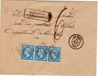 LAURE 20C BANDE DE 3 LETTRE GC 1649 TY 17 GIEN 21 JUIL 1869 LOIRET+TAXE 6 MENTION 24G