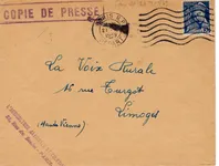 MERCURE 50C BLEU 414B SEUL LETTRE COPIE DE PRESSE PARIS 1939 TARIF IMPRIME