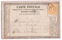N°59 ANNULATION BM SUR TIMBRE CARTE PRECURSEUR DE MARCENAT CANTAL POUR TALIZAT 1873