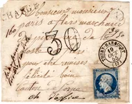 N° 14 PC THURY HARCOURT CALVADOS 19 OCT 1855 LETTRE CHARGE D'OFFICE TAXE 30DT
