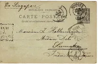 ENTIER SAGE 10C CARTE BOURGES CHER 8 MARS 1898 POUR SUMATRA INDES NEERLANDAISES VIA SINGAPORE