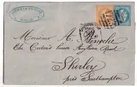 N°28 29 OBLITERAION ANGLAISE SOUTHAMPTON 723 POUR SHILEY ANGLETERRE TEXTE DU HAVRE SEINE INFERIEURE