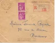 PAIX 1FR40 PAIRE LETTRE REC MARITIME MARSEILLE A LA REUNION N° 1 1939