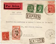 MERSON 2FR+ N°111+174+199+ 50C SEMEUSE PUB SHYB LETTRE EXPRES AVION STRASBOURG 1929 POUR PARIS