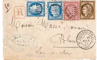 CERES 25CX2 TYPE2X2 +10C+30C DEVANT PETITE LETTRE REC GC 4764 ST GEORGES S CHER 18 FEVR 1874 LOIR ET CHER