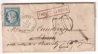 N°60 GC 2156 LA MAGISTERE TARN ET GARONNE TAXE 40 DT + GRIFFE LINEAIRE ROUGE TROUVE A LA BOITE  POUR AUCH GERS REEXP BIARRITZ BASSES PYRENEES + OR