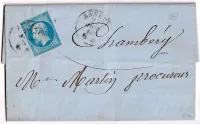 N°14 SARDE SUR FRANCE ANNECY 27 JUIN 1860 POUR CHAMBERY SIGNE CALVES