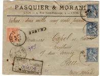 MOUCHON 25CX3+15C LETTRE CHARGE LYON TERREAUX 1902 POUR PAU