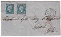 N°22 X2 POINTILLES FINS PARIS 3 60 1ER POUR GENES GENOVA ITALIE ITALIA 1864