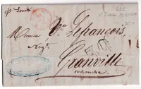 LETTRE DE SAINT PIERRE ET MIQUELON 1857 ENTREE OUTREMER PAR GRANVILLE POUR GRANVILLE MANCHE RARE TAXE DT RARE