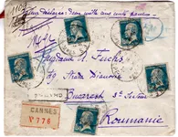 PASTEUR 1FR50X5 LETTRE CHARGE CANNES 1930 POUR ROUMANIE ROMANIA