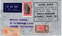 SOMALIS 15C 5FR LETTRE REC AVION JAPY DJIBOUTI 1937 ISTRES DJIBOUTI