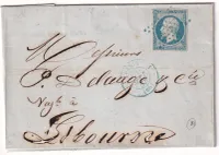 N°14 BLEU LAITEUX PARIS 1 (60) 1 ETOILE BLEU RARE INDICE 29 POUR LIBOURNE GIRONDE 21 SEPTEMBRE 1854