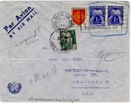 BLASON 10FR+ TIMBRE TAXE 1FRX2 LETTRE AVION PARIS 30.V.1946 + RAJOUT 2FR 31.5.1946 POUR USA