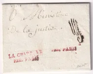 PETITE POSTE DE BANLIEUE LA CHAPELLE PRES PARIS EN ROUGE 1819 POUR PARIS FRANCHISE VERIFIEE 2 PIECES CONNUES RARE