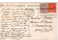BLANC 10C+ 50C FACCHI CARTE MEC LYON GARE 12.II.1932 POUR LUXEMBOURG TARIF SPECIAL
