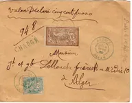 MERSON 50C+5C BLANC LETTRE CHARGE TAD BLEU AUMALE 14 SEPT 1906 ALGER RARE ALGERIE