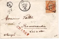 LAURE 40C SEUL PETITE LETTRE CHARGE GC 3266 TYPE 15 SALBRIS 1869+ OL  LOIR ET CHER VIERZON EN ROUGE AU DOS CHER