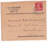 N°278A 3C SEMEUSE SEUL SUR BANDE DE JOURNAL PARIS POUR MAUBEUGE NORD 1937
