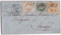 N°36 25 27 GC 2598 NANCY POUR NANCY MEURTHE ET MOSELLE ACHEMINEE DE SARREGUEMINES 4 OCT 1871 TARIF LOCALE