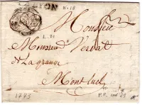 RHONE MARQUE DE LYON + ORNE LETTRE 1773 POUR MONTLUEL AIN + F DE FRANC COTE 2550€