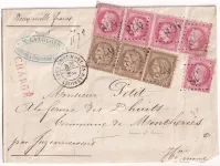 N°32 BANDE DE 4 + UN  N°56 BANDE DE 3 GC 978 CHAUMONT EN BASSIGNY HAUTE MARNE LETTRE CHARGE POUR JUZENNECOURT