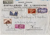 PA 50FR N°15 BURELE+ N°262+261+259+281X2 LETTRE AVION PARIS 1937 POUR TONKIN