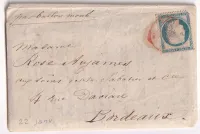 BALLON MONTE PARIS SC ROUGE DU 22 JANVIER 1871 ARRIVE BORDEAUX LE 30 JANVIER TORRICELLI CERTAIN AVEC TEXTE DU MINISTERE DES FINANCES
