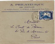 N° 186 JEUX OLYMPIQUES 50C SEUL LETTRE TOULON S MER 3.6.1932 PAS DE TAXE TIMBRE DEMONETISE