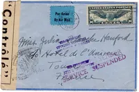 USA PA 30C LETTRE AVION NEW YORK 1940 POUR TOURS INDRE ET LOIRE CENSURE + SERVICE SUSPENDED