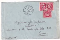 N°676 X2 + 716 LOUVIERS EURE 2 JANVIER 1947 POUR CAEN AFFRANCHI AU TARIF DU 1ER JANVIER 1947
