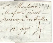 HAUTES ALPES MARQUE SERRES LENAIN 1785 LETTRE POUR GAP TAXE 4 COTE 340€
