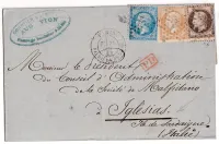 N°21 22 30 TRICOLORE PARIS PL DE LA BOURSE ETOILE 1 POUR IGLESIAS ILE DE SARDAIGNE ITALIE ITALIA SARDEGNA 1867