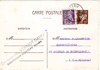 ENTIER 80C PETAIN CP + 40C MERCURE PERFORE EVC ETS VERMOT GAUD MONTBELON MORTEAU DOUBS 1942 RARE