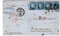 N° 60 BANDE DE 4 LETTRE GC BORDEAUX 1872 POUR CARACAS VENEZUELA