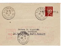 PETAIN 1FR20 GRIFFE TAXE PERCUE LETTRE POSCHE ST NAZAIRE GUERANDE 24.3.1945 + EMA 0.50 POUR LA BAULE