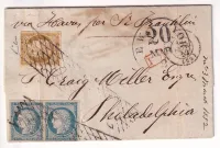 N°1 + N°4 PAIRE PARIS GRILLE SANS FIN TARIF DES BATIMENTS DE COMMERCE POUR PHILADELPHIE USA 10 FEVRIER 1852