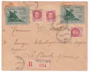 TIMBRE DE GUERRE N°8 X2 RECOMMANDE BATZ SUR MER POCHE DE ST NAZAIRE 12 AVRIL 1945 POUR LA BAULE LOIRE INFERIEURE