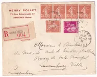 N°235 X5 289 RECOMMANDE ASNIERES TARIF RELATION POUR LE LUXEMBOURG 1937